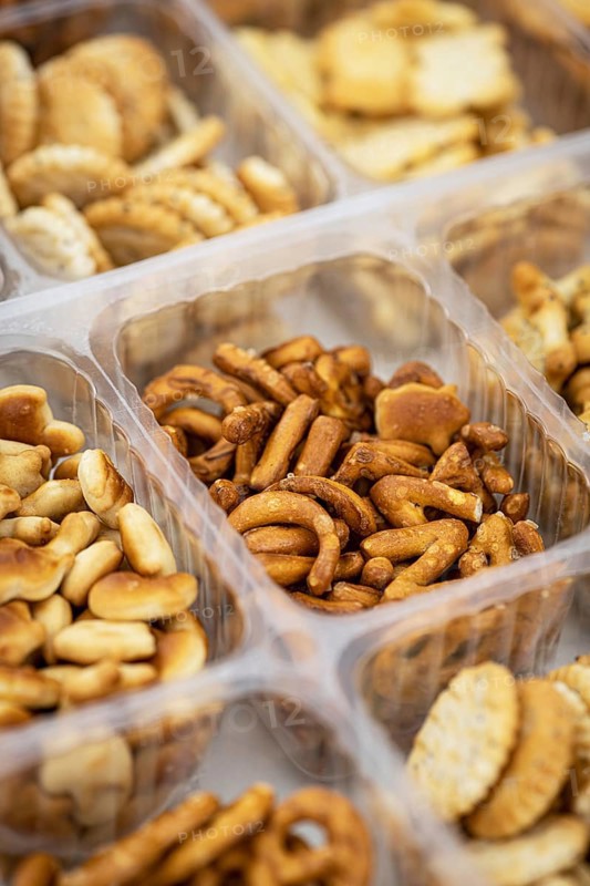 Portion of mixed Snacks (detailed close up shot, selective focus)
