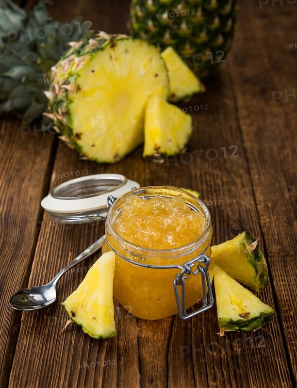 Some homemade Pineapple Jam as detailed close-up shot, selective focus