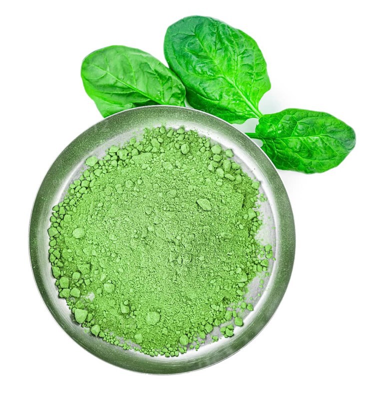 Spinach powder isolated on white background (close up, selective focus)