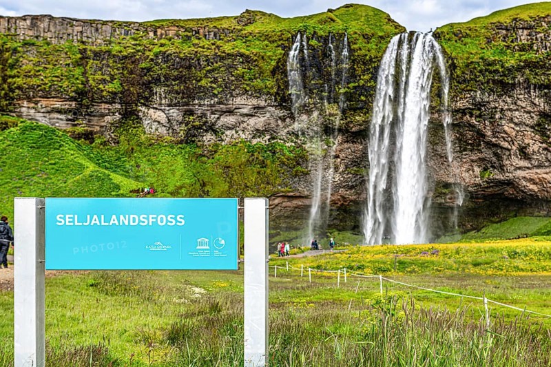 Seljalandsfoss waterfall in south Iceland during a sunset