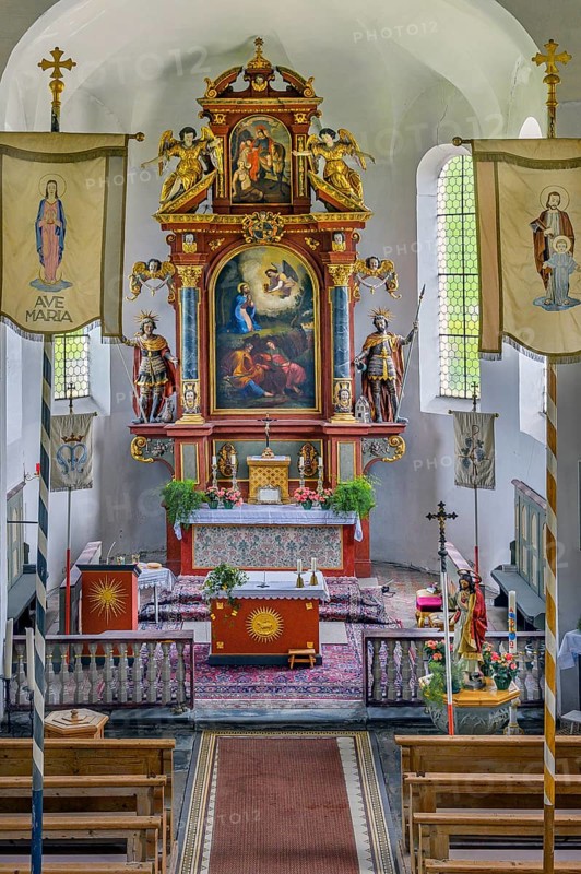Main altar, Church of St Martin from 1746 in Eisenbach, Kreuzthal, Markt Buchenberg, Allgäu, Swabia, Bavaria, Germany, Europe