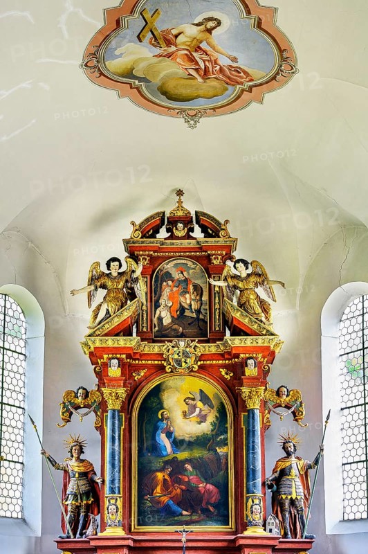 Main altar with ceiling fresco, Church of St Martin from 1746 in Eisenbach, Kreuzthal, Markt Buchenberg, Allgäu, Swabia, Bavaria, Germany, Europe