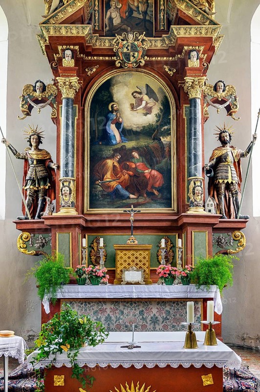 Main altar, Church of St Martin from 1746 in Eisenbach, Kreuzthal, Markt Buchenberg, Allgäu, Swabia, Bavaria, Germany, Europe