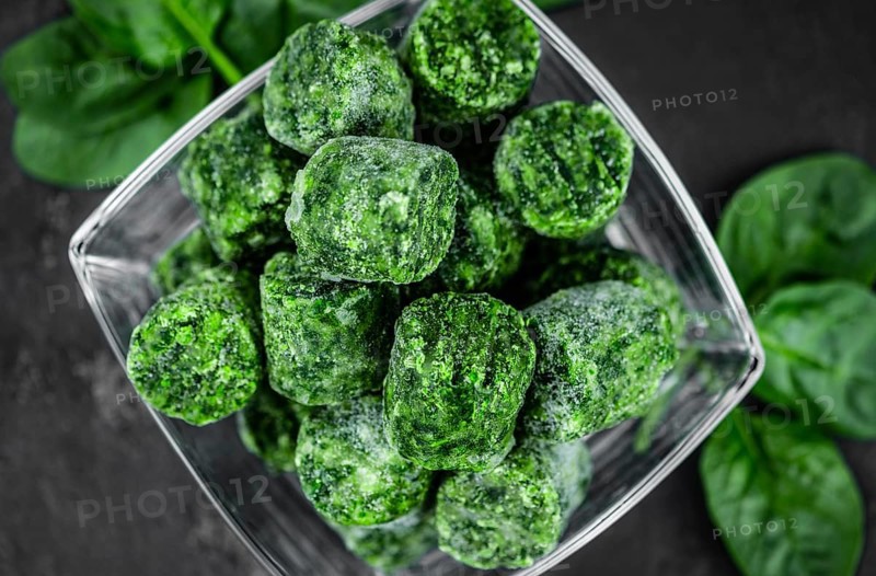 Frozen spinach cubes as detailed close up shot (selective focus)