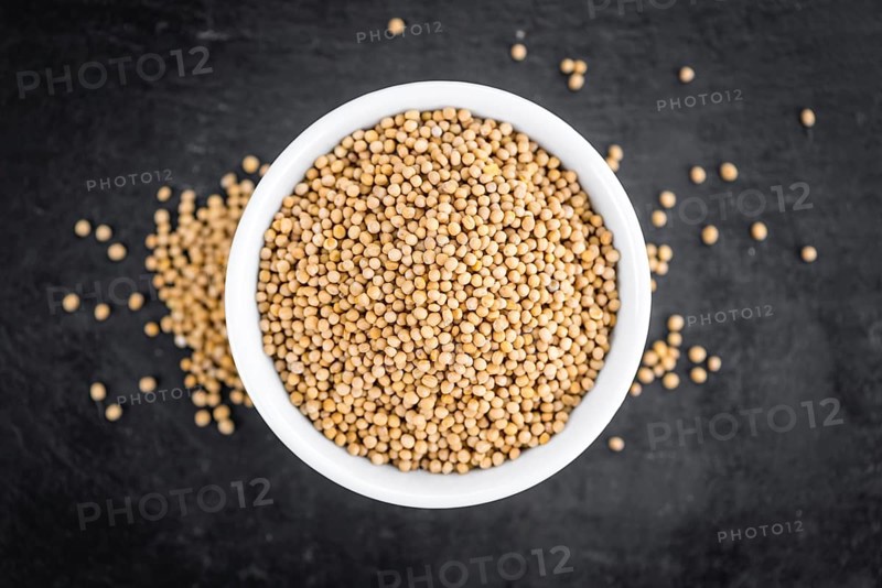 Portion of Mustard Seeds as detailed close up shot on a slate slab (selective focus)