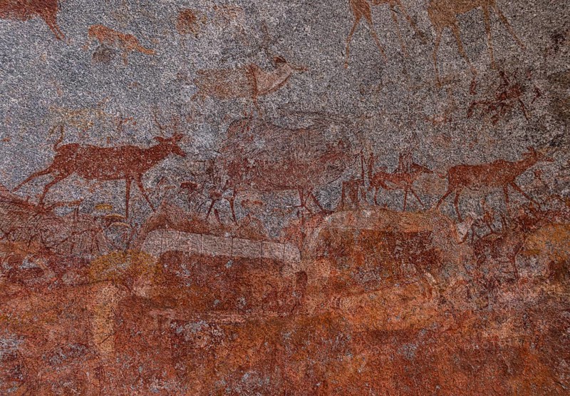 Historical paintings in the Nswatugi Cave, Matopos National Park southern Zimbabwe