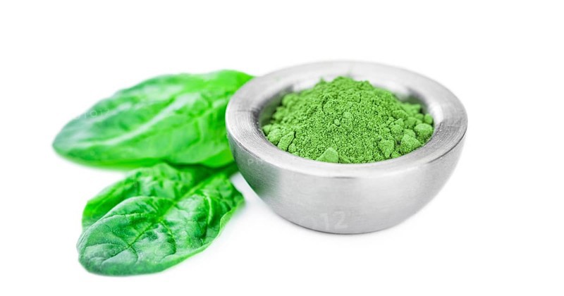 Spinach powder isolated on white background (close up, selective focus)