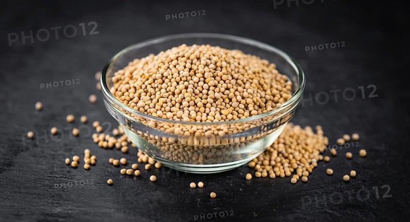 Portion of Seeds (Mustard) on a rustic slate slab (selective focus, close-up shot)