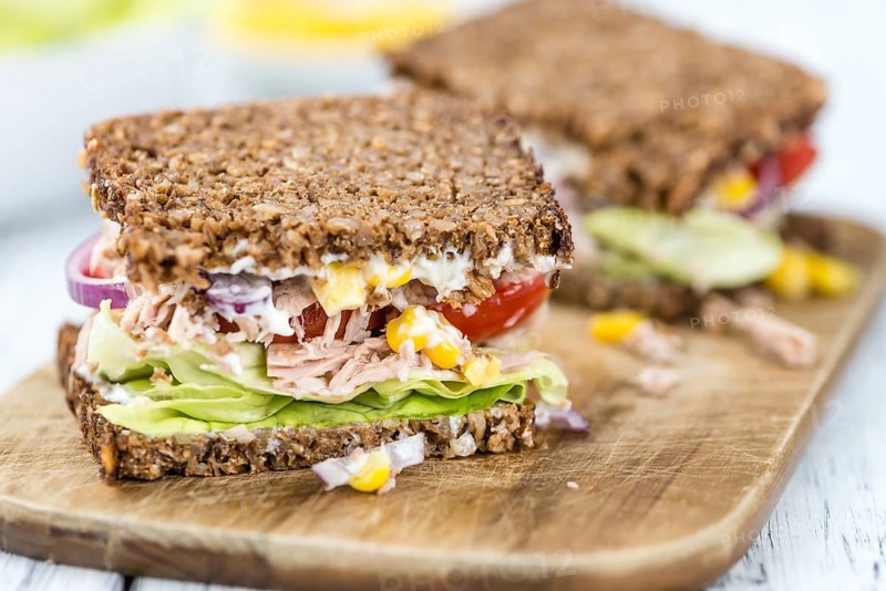 Fresh made Tuna sandwich with wholemeal bread (selective focus, close-up shot)