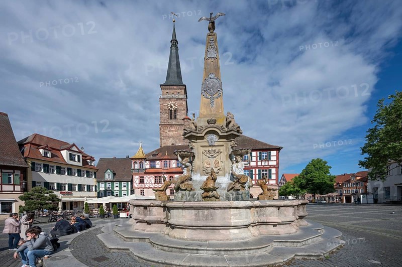 Baroque obelisk fountain, the Beautiful Fountain, erected in 1715, Königsplatz, Schwabach, Middle Franconia, Bavaria, Germany, Europe