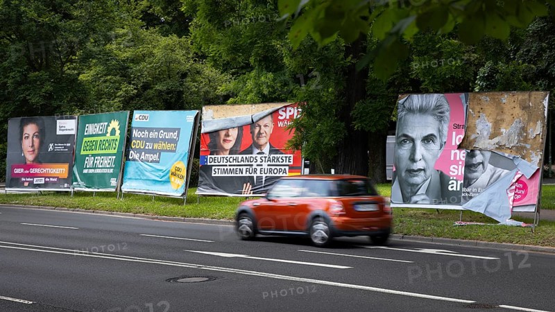 Election posters of the parties Alliance Sahra Wagenknecht, Greens, CDU, SPD and FDP stand on the edge of a street in Frankfurt am Main on the occasion of the 2024 European elections. The elections to the European Parliament will take place in the member states of the European Union (EU) from 6 to 9 June. In Germany, voting will take place on Sunday, 9 June, Bockenheim, Frankfurt am Main, Hesse, Germany, Europe