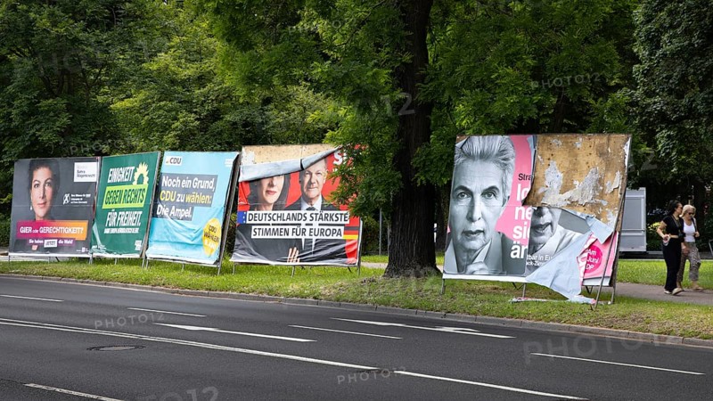 Election posters of the parties Alliance Sahra Wagenknecht, Greens, CDU, SPD and FDP stand on the edge of a street in Frankfurt am Main on the occasion of the 2024 European elections. The elections to the European Parliament will take place in the member states of the European Union (EU) from 6 to 9 June. In Germany, voting will take place on Sunday, 9 June, Bockenheim, Frankfurt am Main, Hesse, Germany, Europe