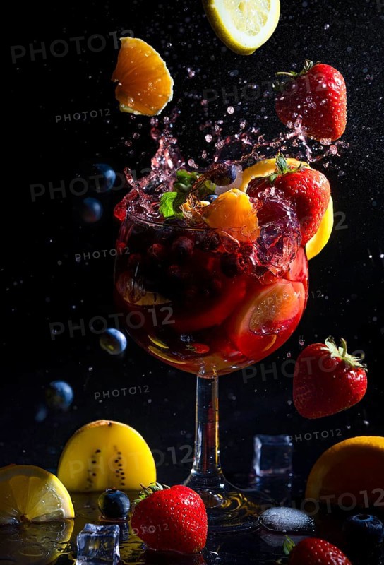 Sparkling sangria in a glass, surrounded by fruit and berries