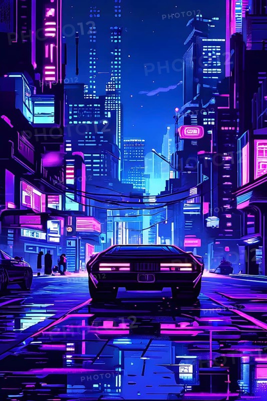 Pixel art of a cyberpunk city scape at night with neon infused skyline, AI generated