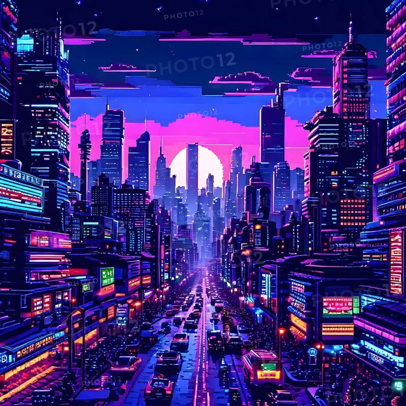 Pixel art of a cyberpunk city scape at night with neon infused skyline, AI generated
