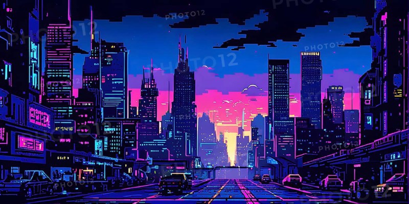 Pixel art of a cyberpunk city scape at night with neon infused skyline, AI generated