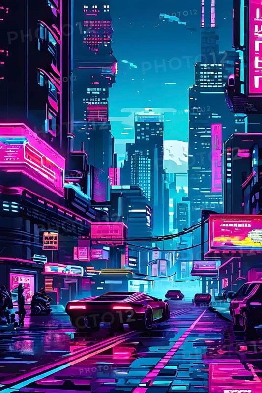 Pixel art of a cyberpunk city scape at night with neon infused skyline, AI generated
