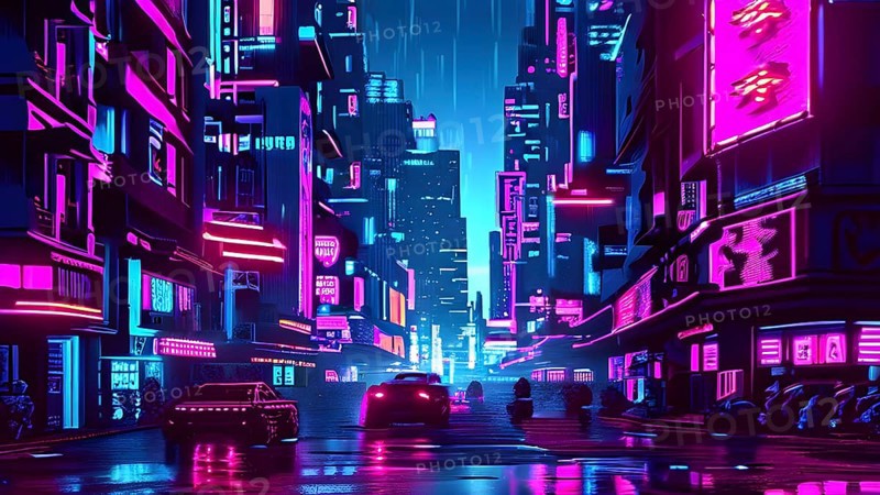Pixel art of a cyberpunk city scape at night with neon infused skyline, AI generated