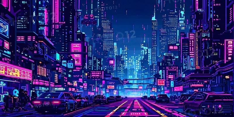 Pixel art of a cyberpunk city scape at night with neon infused skyline, AI generated