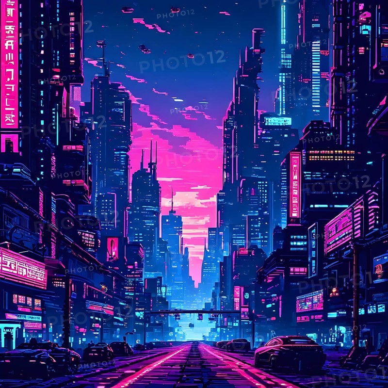 Pixel art of a cyberpunk city scape at night with neon infused skyline, AI generated