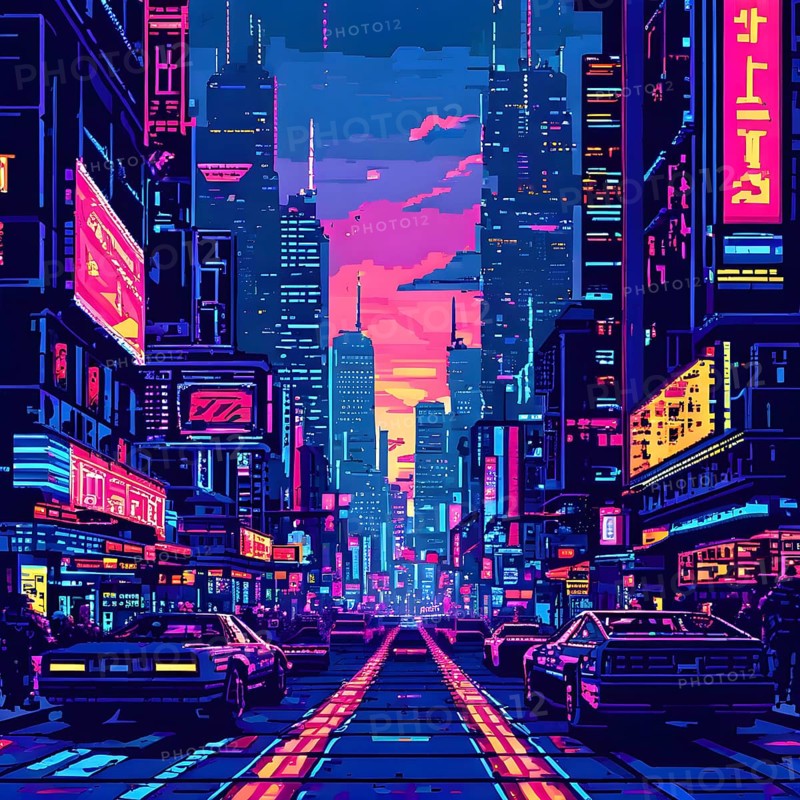 Pixel art of a cyberpunk city scape at night with neon infused skyline, AI generated