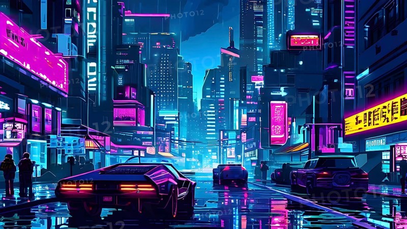Pixel art of a cyberpunk city scape at night with neon infused skyline, AI generated