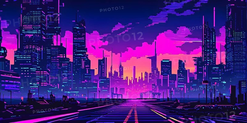 Pixel art of a cyberpunk city scape at night with neon infused skyline, AI generated