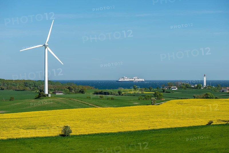 View from Hatbakken Fakkebjerg, Bagenkop, Langeland, agriculture, rape cultivation, lighthouse Keldsnor, ferry Color Line, wind turbine, Amt Fünen, Geopark Südfynsche Ostsee, Det Sydynske Ohav, Denmark, Europe
