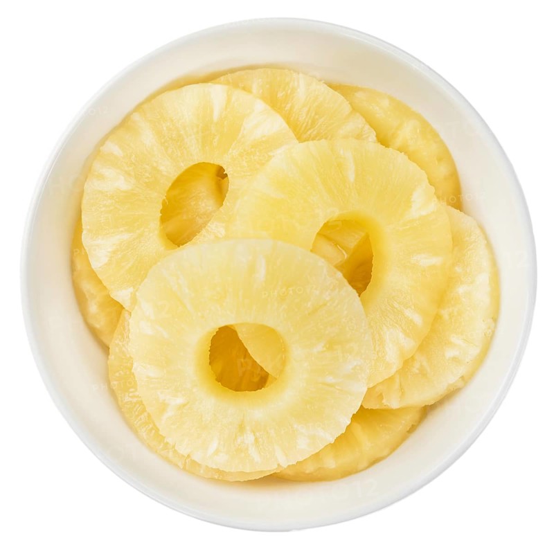 Fresh made Preserved Pineapple Rings isolated on white background, close-up shot