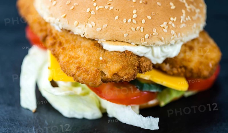 Fish Burger on a slate slab (close-up shot, selective focus)