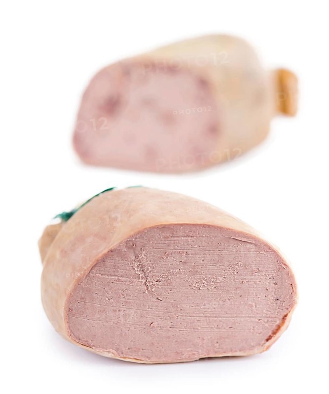 German Leberwurst isolated on white background (selective focus, close-up shot)