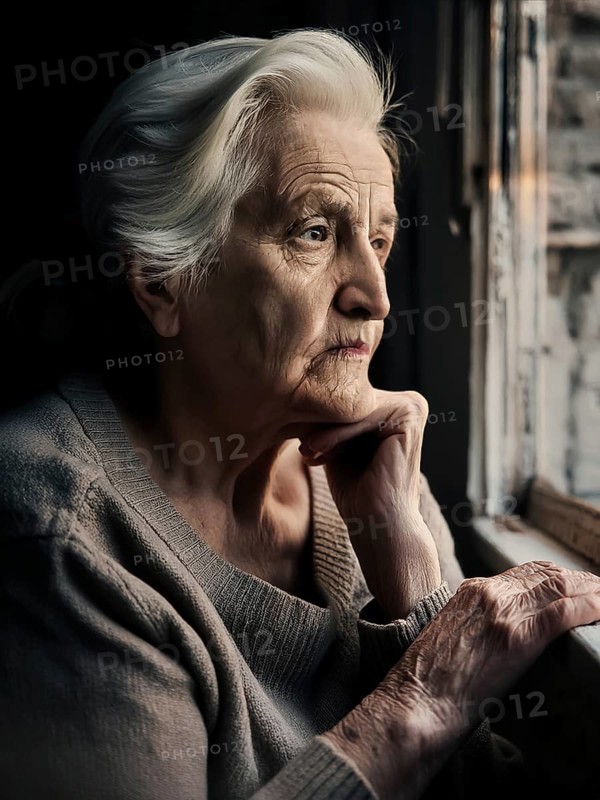 An elderly woman sits in her old flat and looks bored out of the window, loneliness, poverty in old age, AI generated, AI generated