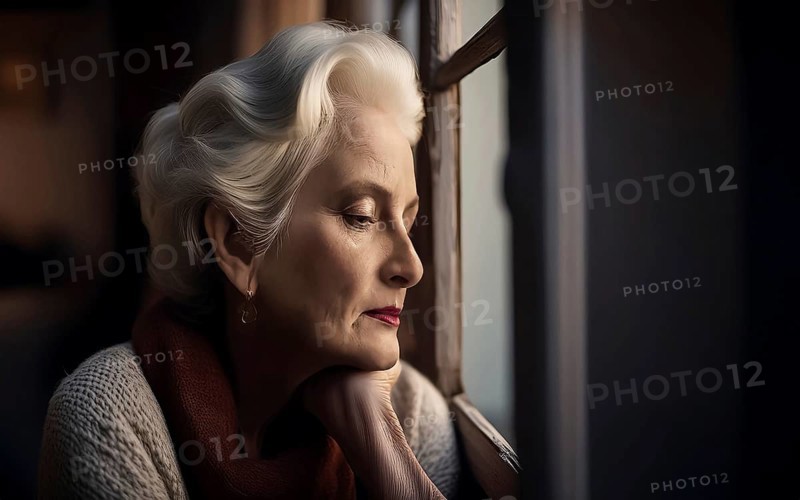 An elderly woman sits in her old flat and looks bored out of the window, loneliness, poverty in old age, AI generated, AI generated