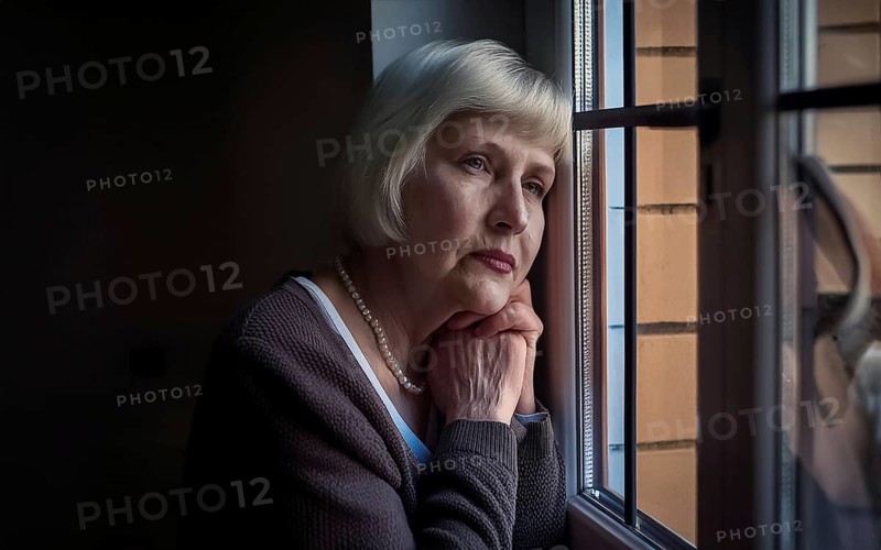 An elderly woman sits in her old flat and looks bored out of the window, loneliness, poverty in old age, AI generated, AI generated