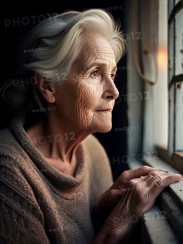 An elderly woman sits in her old flat and looks bored out of the window, loneliness, poverty in old age, AI generated, AI generated