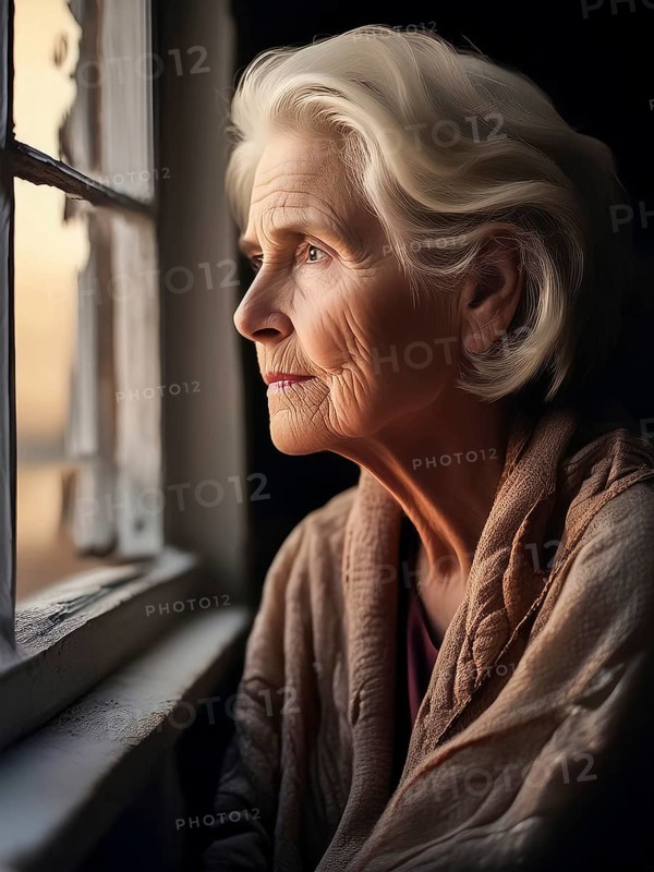 An elderly woman sits in her old flat and looks bored out of the window, loneliness, poverty in old age, AI generated, AI generated