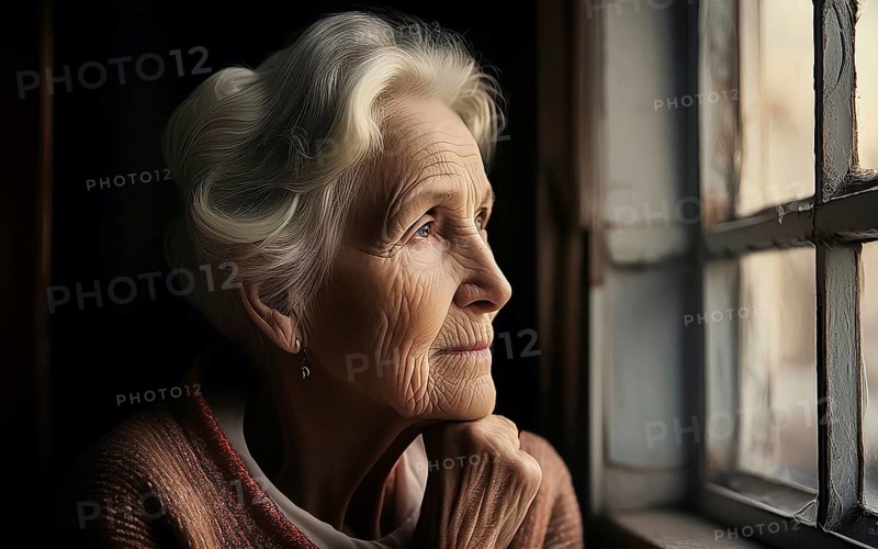 An elderly woman sits in her old flat and looks bored out of the window, loneliness, poverty in old age, AI generated, AI generated