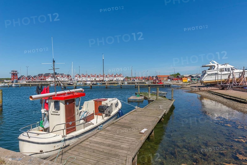 Bagenkop Harbour, Langeland Island, Funen County, fishing boat, shipyard, wooden jetty, holiday homes, Danish South Sea, Baltic Sea, Denmark, Europe