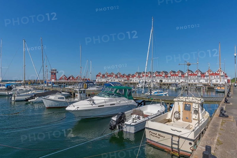 Bagenkop harbour, Langeland island, Funen, marina, holiday homes, lighthouse, Danish South Sea, Baltic Sea, Denmark, Europe