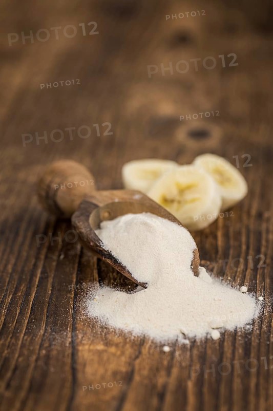 Portion of fresh Banana Powder close-up shot, selective focus