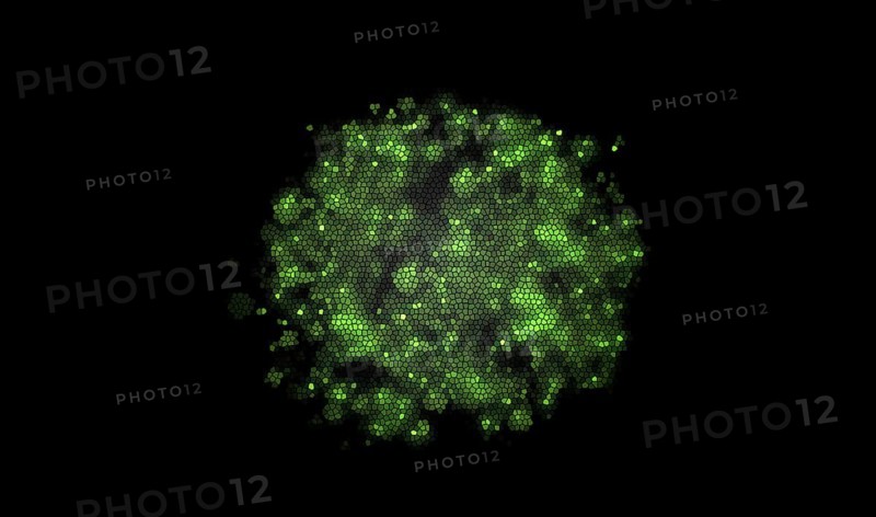 A cluster of glowing green particles forming a hexagon pattern on a dark background, background image