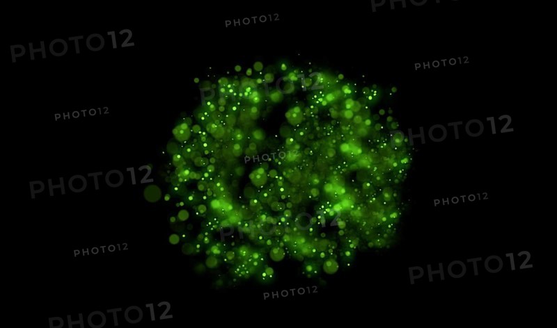 Abstract digital art with green glowing light particles on a black background, background image