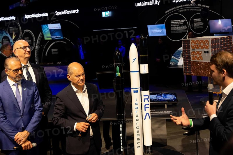 Olaf Scholz (Chancellor of the Federal Republic of Germany, SPD) next to the model of a rocket during the opening tour of the International Aerospace Exhibition at the Berlin ExpoCenter Airport, Berlin, 05.06.2024