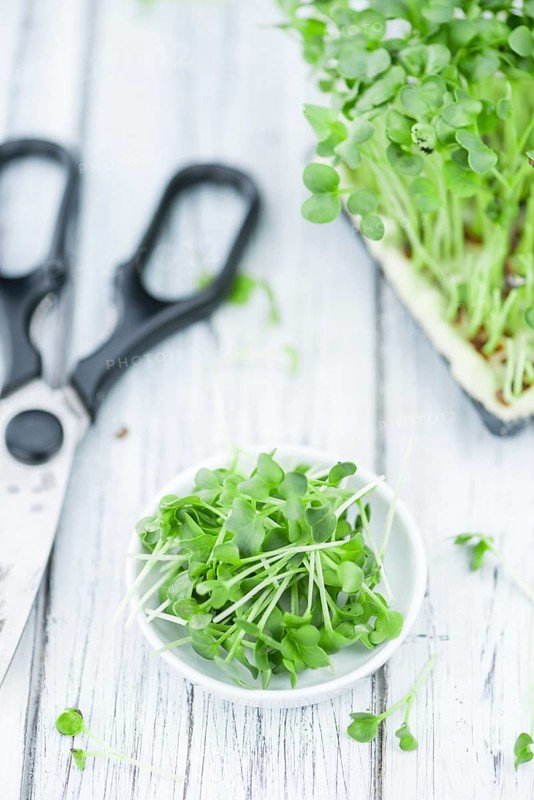 Cress on an old wooden table as detailed close-up shot (selective focus)