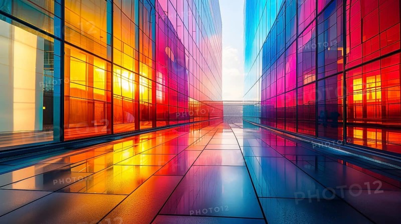 A vibrant corridor between glass buildings reflecting colorful hues and illuminated by warm sunlight, AI generated
