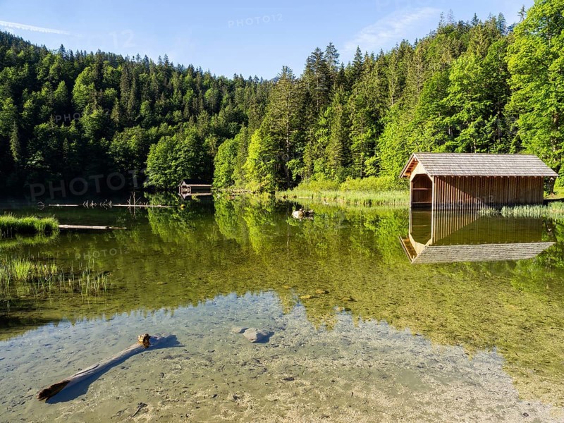 Morning atmosphere, reflection, boathouse at the Toplitzsee, Salzkammergut, Styria, Austria, Europe