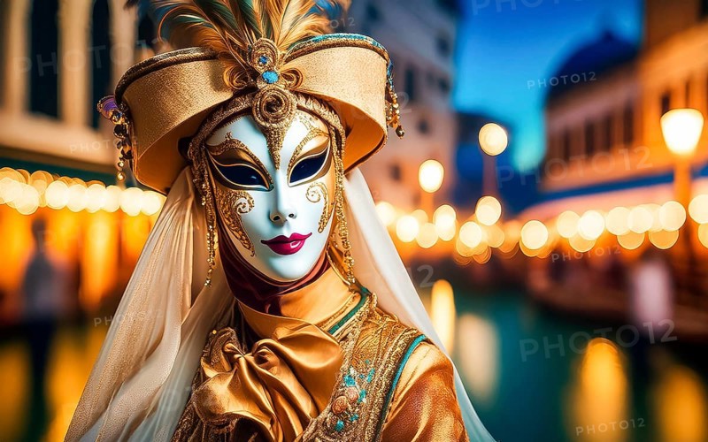A woman with mask and costume at the carnival in Venice at night, AI generated, AI generated