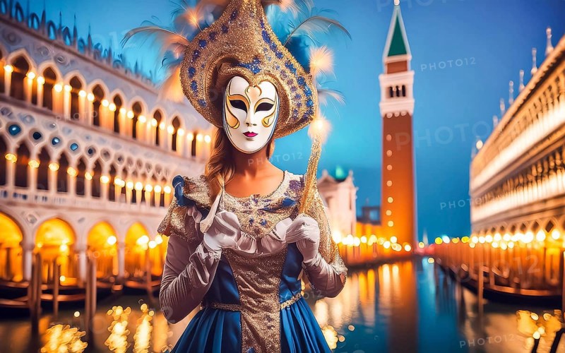 A woman with mask and costume at the carnival in Venice at night, AI generated, AI generated