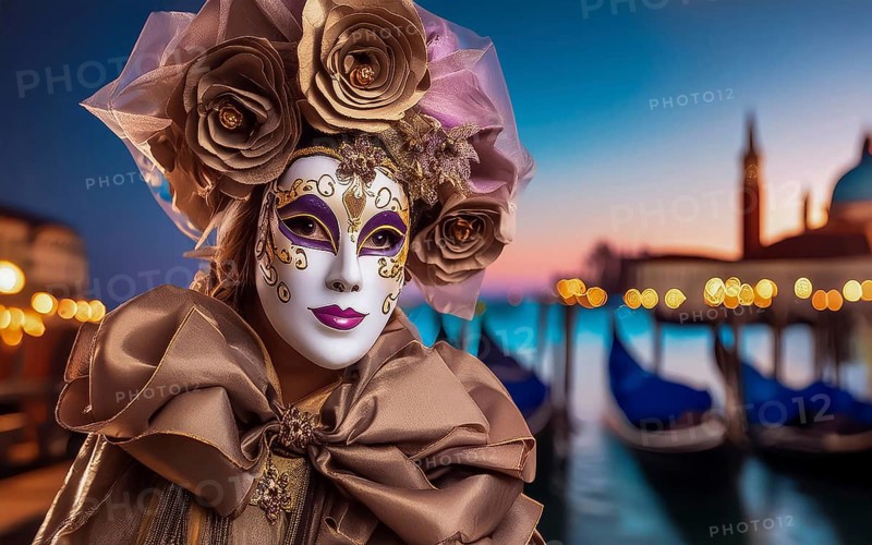 A woman with mask and costume at the carnival in Venice at night, AI generated, AI generated