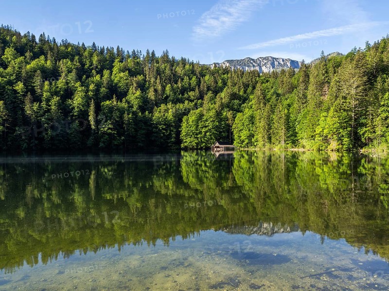 Morning atmosphere, reflection, boathouse at the Toplitzsee, Salzkammergut, Styria, Austria, Europe